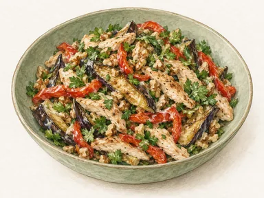 Салат с курицей, баклажанами и жареным перцем