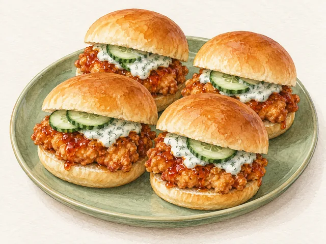 Мини-бургеры с хрустящей курицей, медово-острым глейзом и сметанным соусом