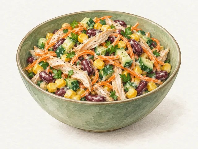 Салат с копчёной курицей, фасолью и корейской морковью