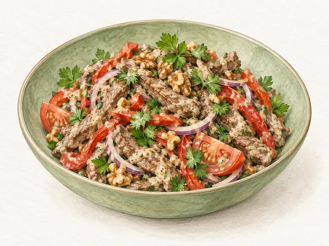 Тёплый салат с телятиной и ореховым соусом
